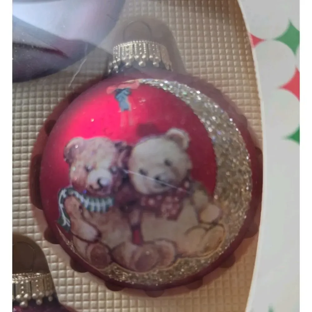 NOS Vtg 4 Merry Brite Christmas Glass Ornaments Teddy Bears Moon 2 1/2